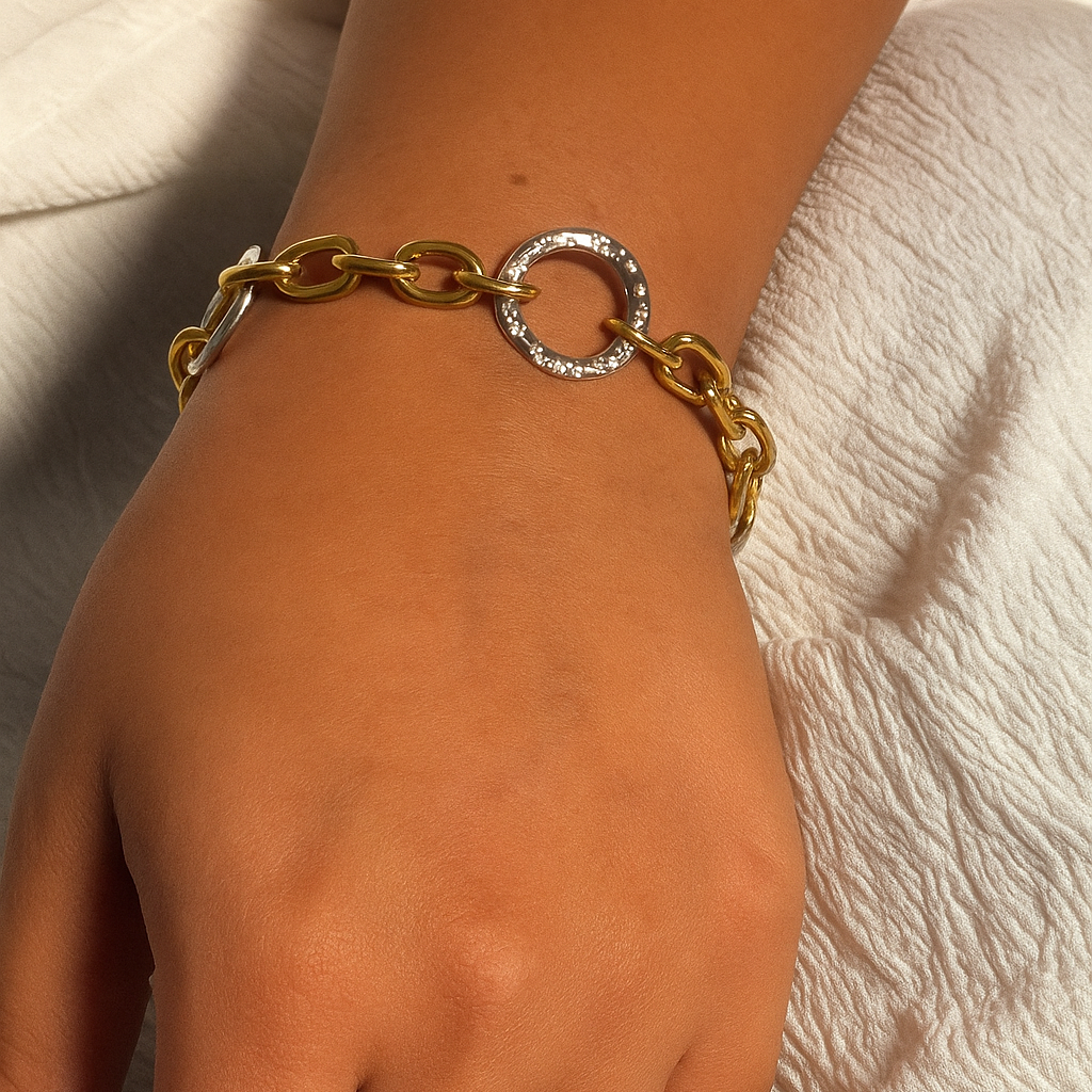Golden Dual Orbit Link Bracelet in gold and silver PVD by Febae – view 2