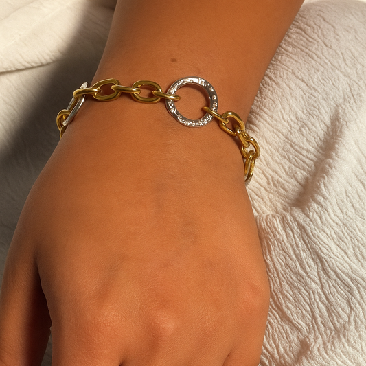 Golden Dual Orbit Link Bracelet in gold and silver PVD by Febae – view 2