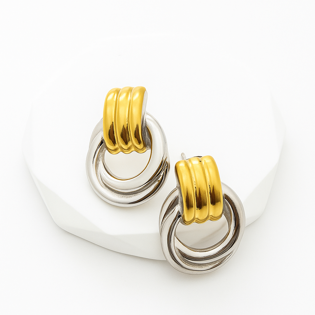 Golden and Silver Loop Earrings in gold and silver PVD by Febae – view 3