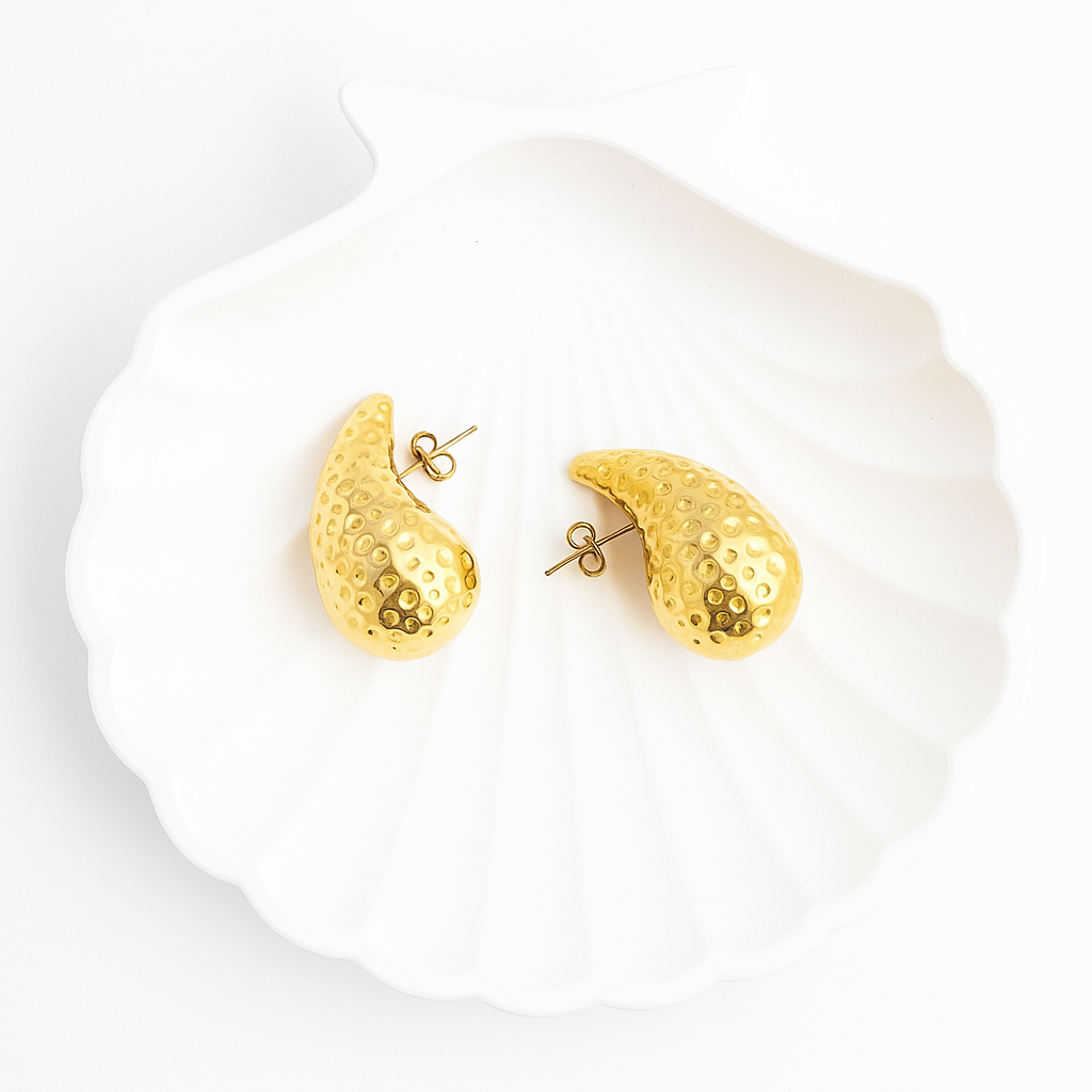 Golden Tear Drop Earrings in 18K PVD gold by Febae – view 3