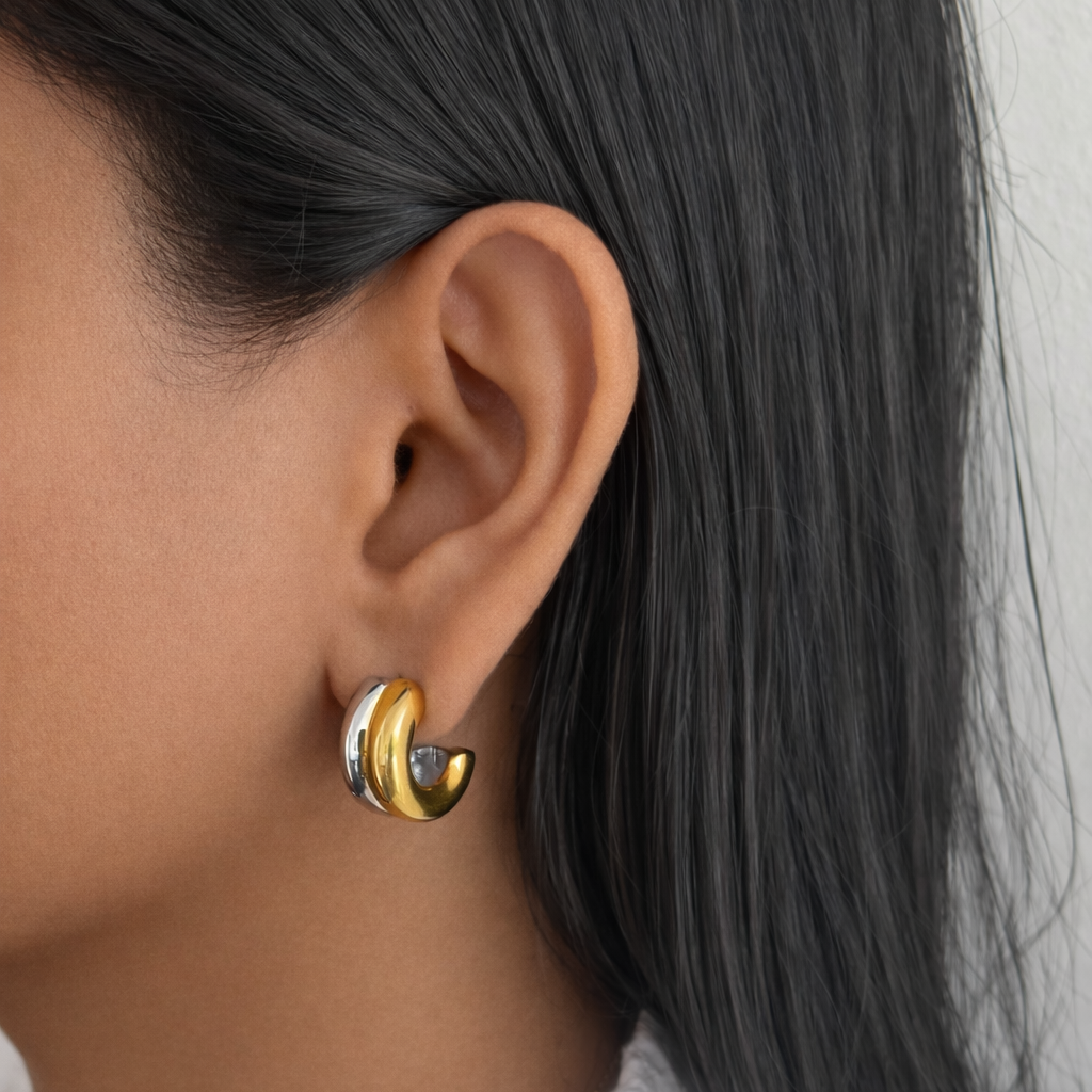 Luxe Fusion Hoops, gold and silver PVD earrings by Febae – view 3