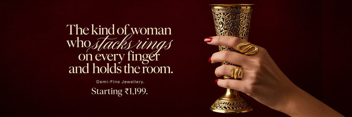 The kind of woman who stacks rings on every finger and holds the room. Febae 18K PVD gold rings, starting ₹1,199